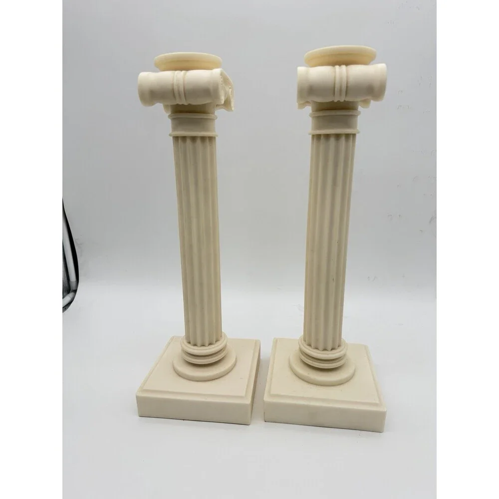 2 Alabaster Carved Roman Columns Corinthian Sculpture Candle Holders 15.5”x5”